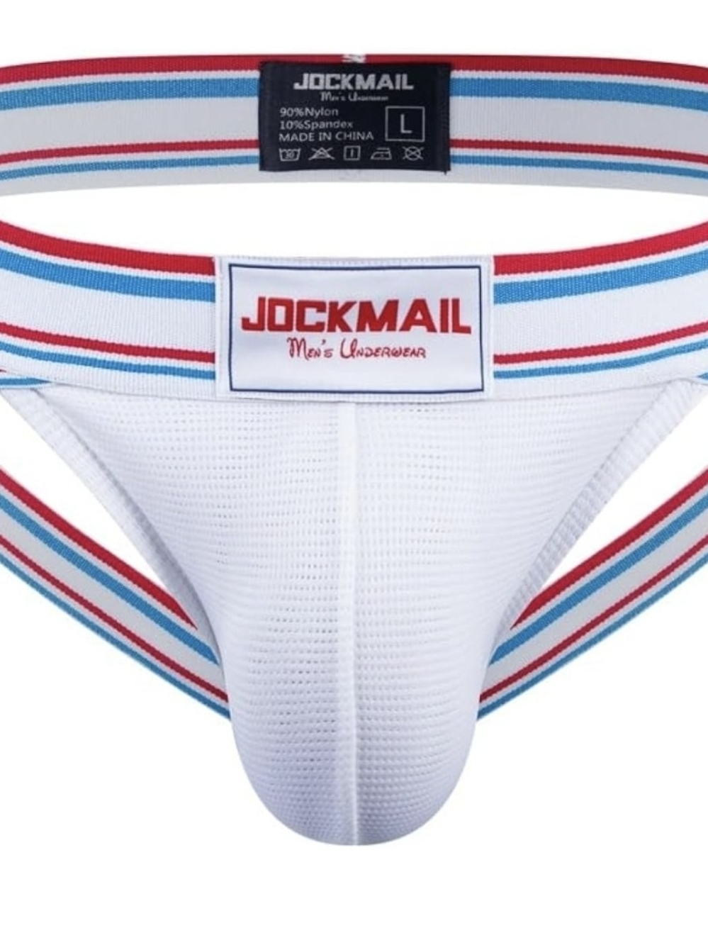 Jockmail Men's White Briefs with Red & Blue Stripe Waistband